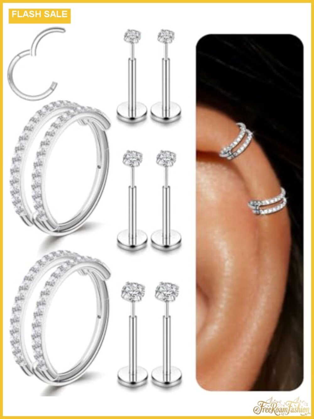 Cartilage Hoop Earring Set with Cubic Zirconia 14K Gold Plated Surgical